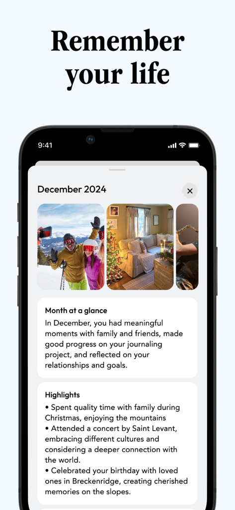 Glimpse - Voice Journal - Glimpse app screen showing a monthly summary with photos and personal highlights