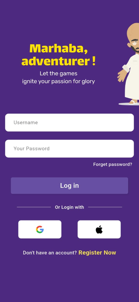 فكر فيها (Faker Feha) - Schermata di accesso per l'app di quiz Faker Feha con campi per nome utente e password e pulsanti di accesso social.