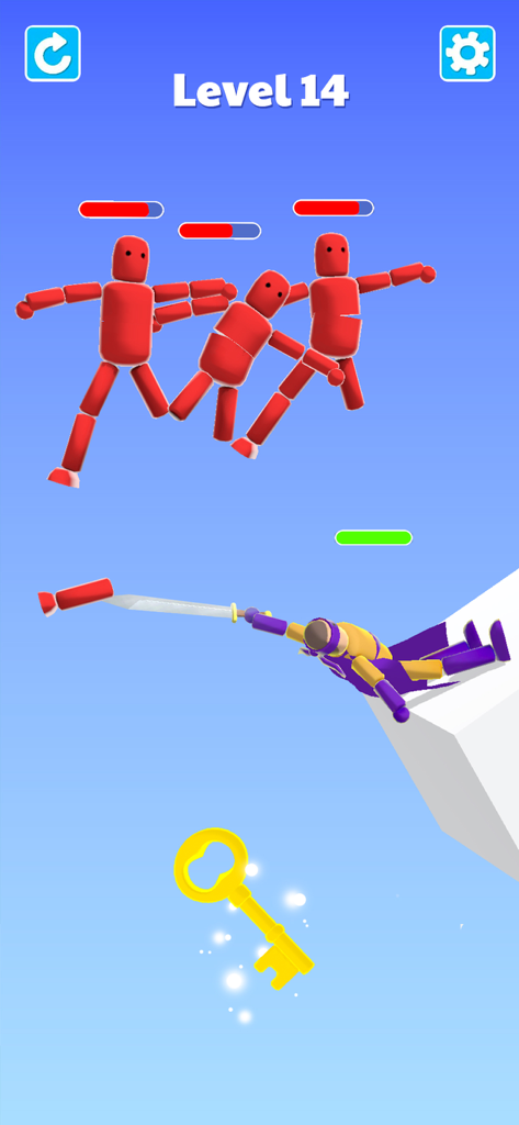 Ragdoll Ninja: Imposter Hero - Um ninja ragdoll roxo atacando inimigos stickman vermelhos com uma espada em um nível azul com uma chave dourada.