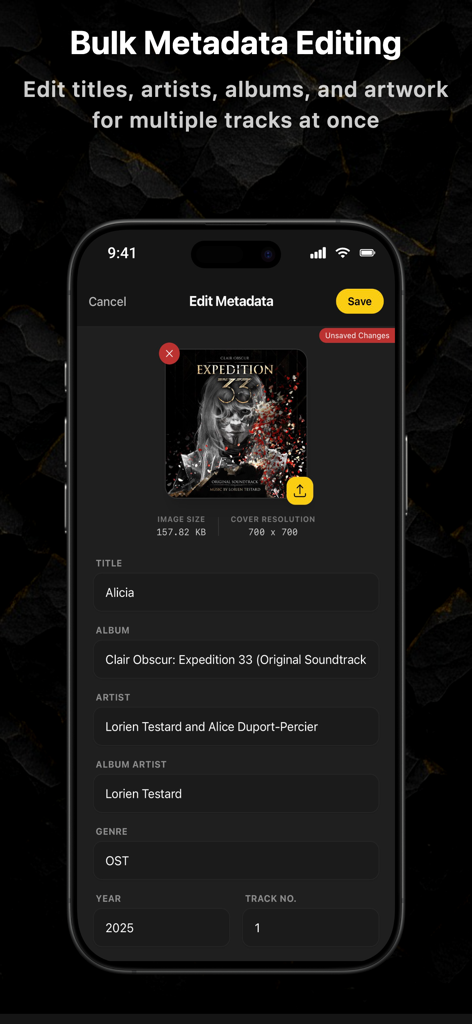 Offline MP3 Cloud Music Player - Pantalla de edición masiva de metadatos para gestionar títulos de canciones, artistas y carátulas de álbumes.