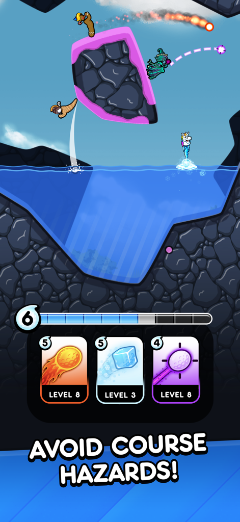 Gameplay di Golf Blitz che mostra personaggi che navigano ostacoli d'acqua con carte potenziamento in basso.