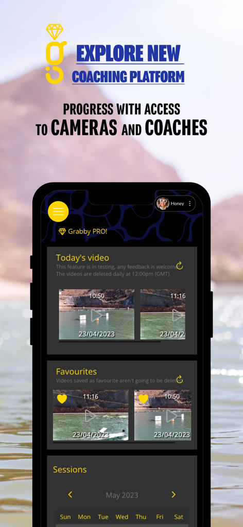 Grabby sports coaching app interface showing video highlights favorites and training sessions