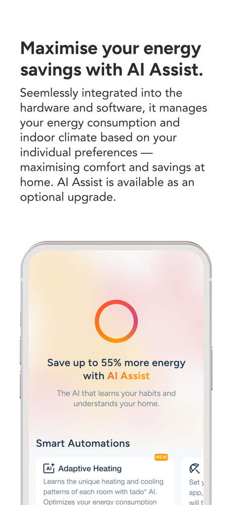 tado° - A promotional screenshot of the tado app highlighting AI Assist and adaptive heating features for energy savings
