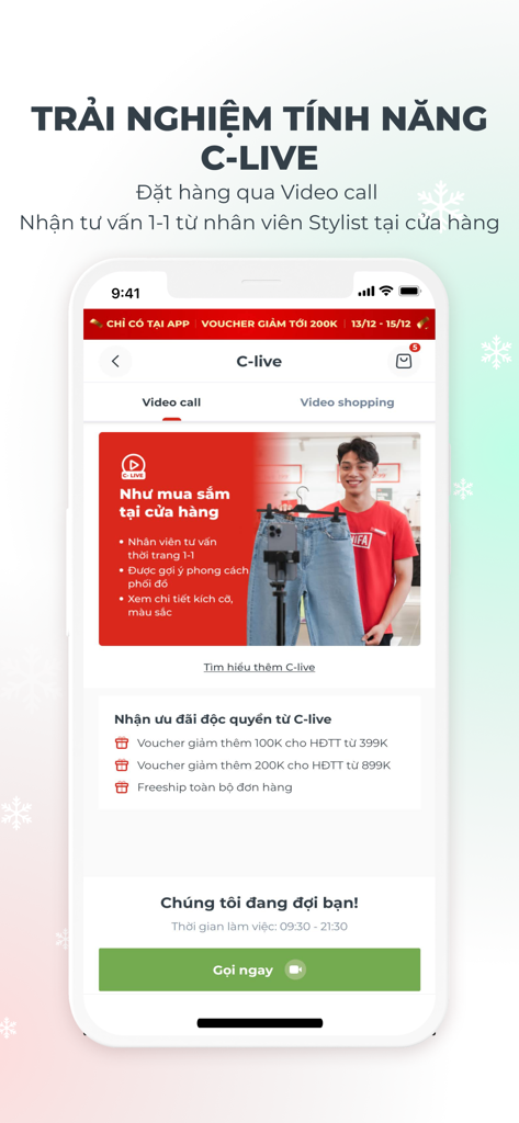 Canifa - Smartphone screen showing the Canifa app C-LIVE video call feature for personalized fashion shopping with a stylist.