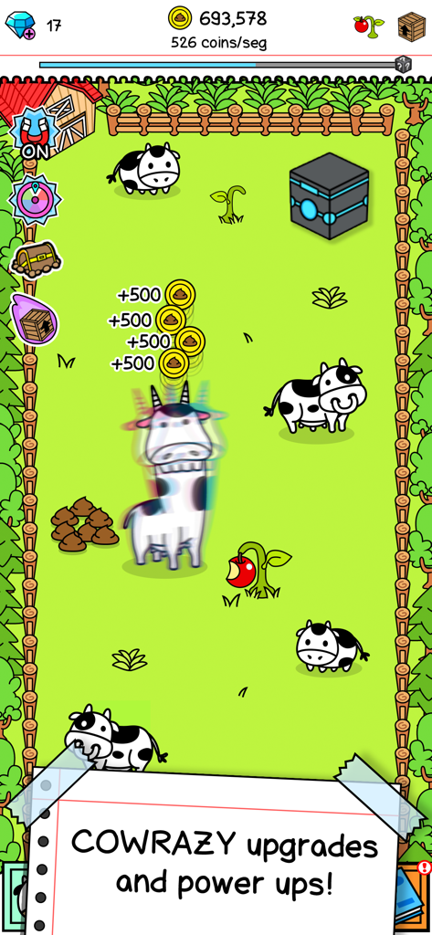 Gameplay screenshot of Cow Evolution Merge to Evolve showing mutant cows on a farm