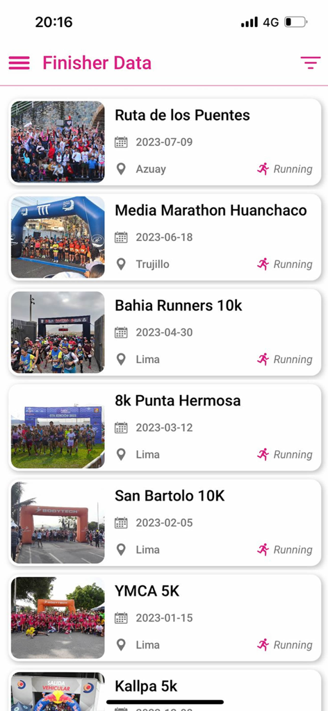 Finisher Data - Lista de eventos de carrera y maratones en la aplicación Finisher Data