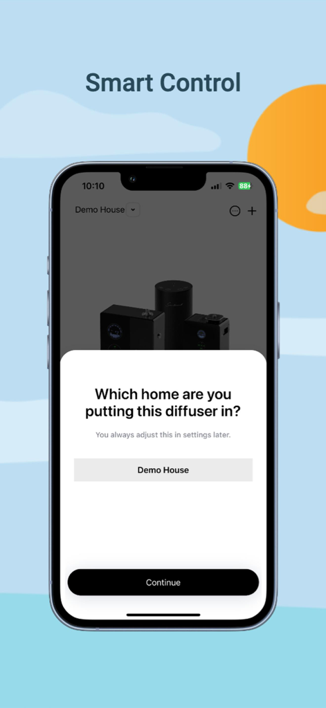 Scentiment 1.0 - Smartphone screen showing the Scentiment app prompting the user to select a home for their smart diffuser
