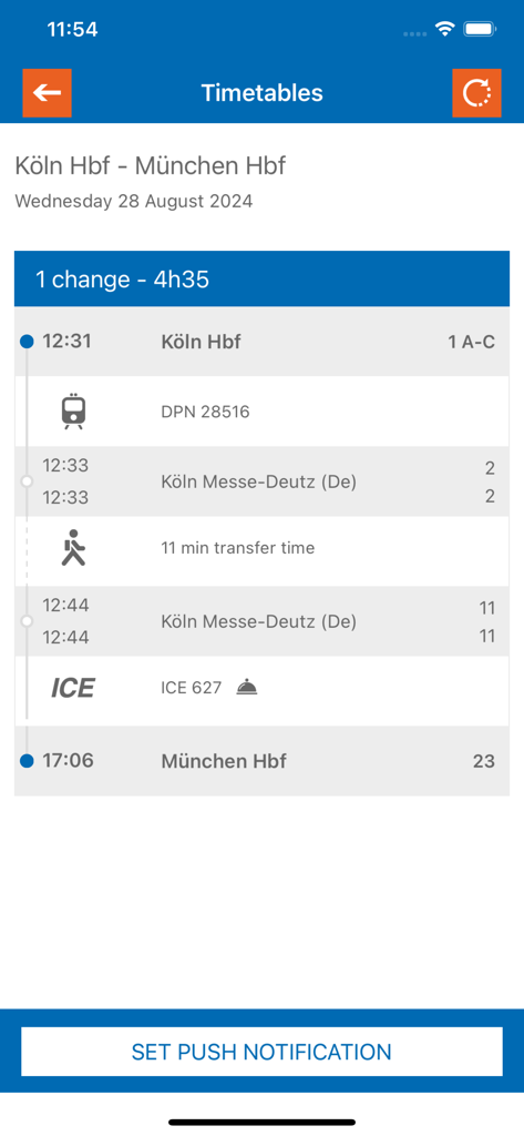 Pantalla de la aplicación SNCB International que muestra un horario de tren de Colonia a Múnich con detalles del viaje
