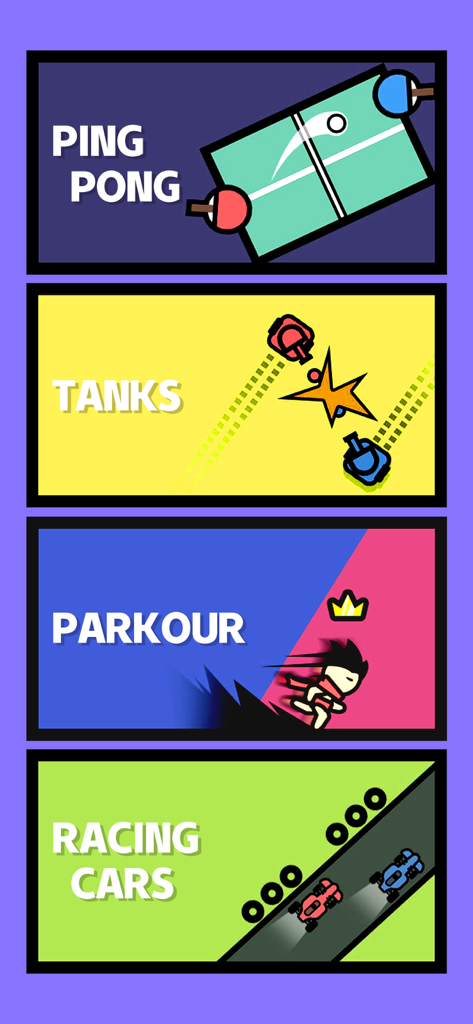 Selection of two player mini games including ping pong tanks parkour and racing cars