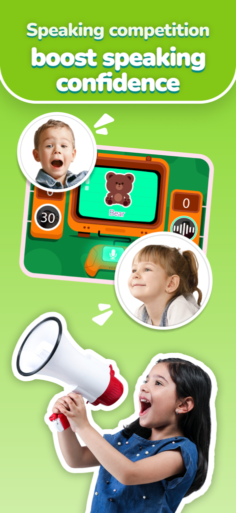 AI Speak: Fun English for kids - AI Speakアプリでの楽しい英語スピーキングコンテストに参加する子供たち