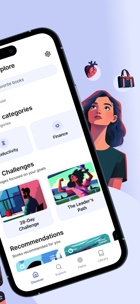 12min: Book Summaries Daily - Mobile screen of 12min app showing book categories like finance and productivity alongside learning challenges