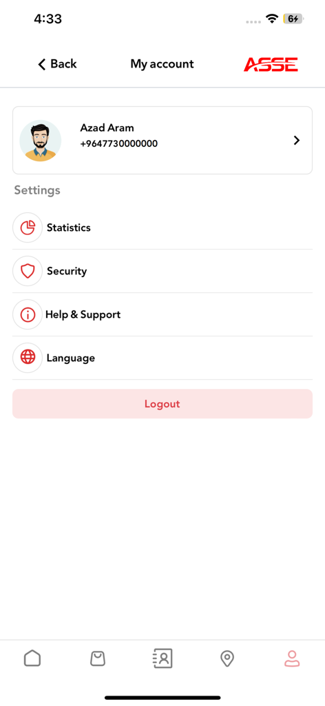 User account settings screen in the Asse Online app showing profile information and security options.