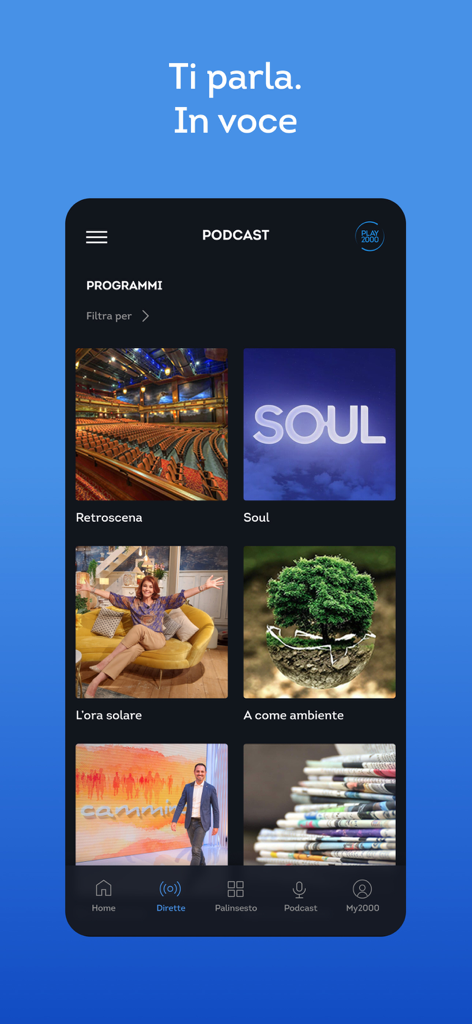Play2000 - Seção de podcast do aplicativo Play2000 exibindo uma seleção de programas culturais e religiosos italianos