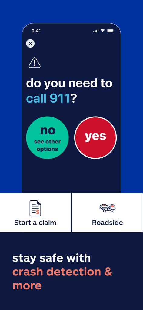 Allstate® Mobile - Emergency assistance screen in the Allstate Mobile app featuring crash detection and a prompt to call 911.