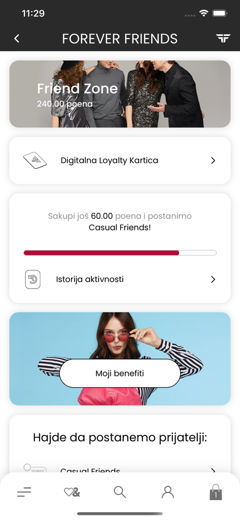 Fashion&Friends - Panel del programa de fidelidad Forever Friends de la app Fashion and Friends mostrando puntos y beneficios