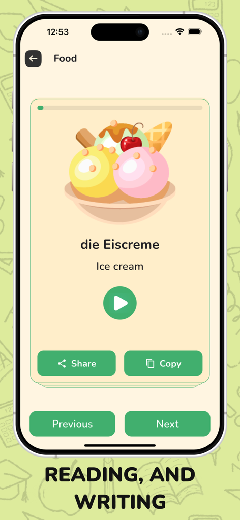 German Listening & Speaking - Pantalla de la aplicación de aprendizaje de idiomas alemán que muestra vocabulario de comida para helado con ilustración y botón de reproducción de audio