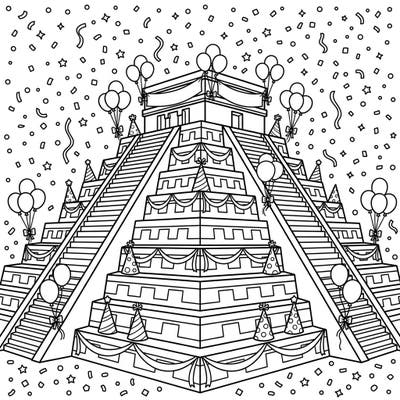 Experience a celebration like no other with our unique Birthday Step Pyramid coloring page. This design beautifully merges ancient architecture with festive party elements, perfect for creative fun.