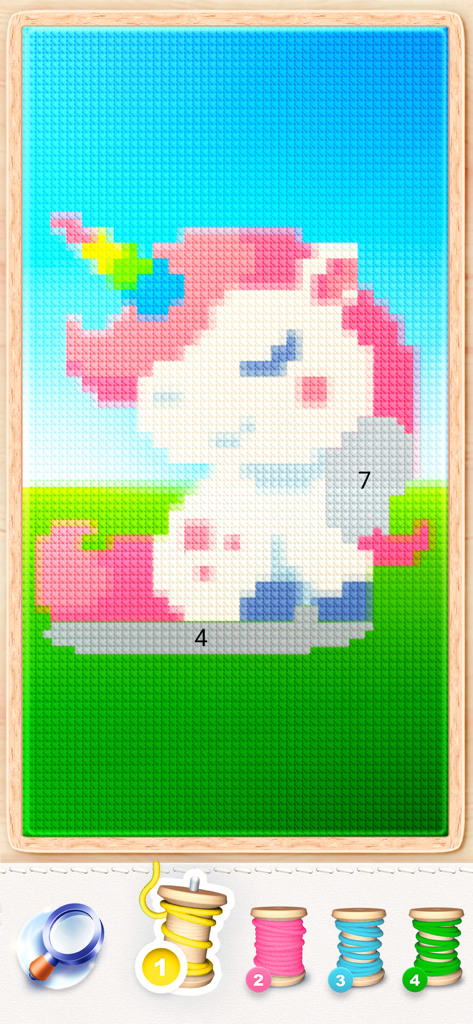 A pixel art unicorn being colored by number in the Magic Cross Stitch app with numbered thread spools at the bottom
