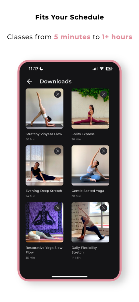 Jess Yoga app screen displaying various downloaded yoga classes ranging from five minutes to over an hour