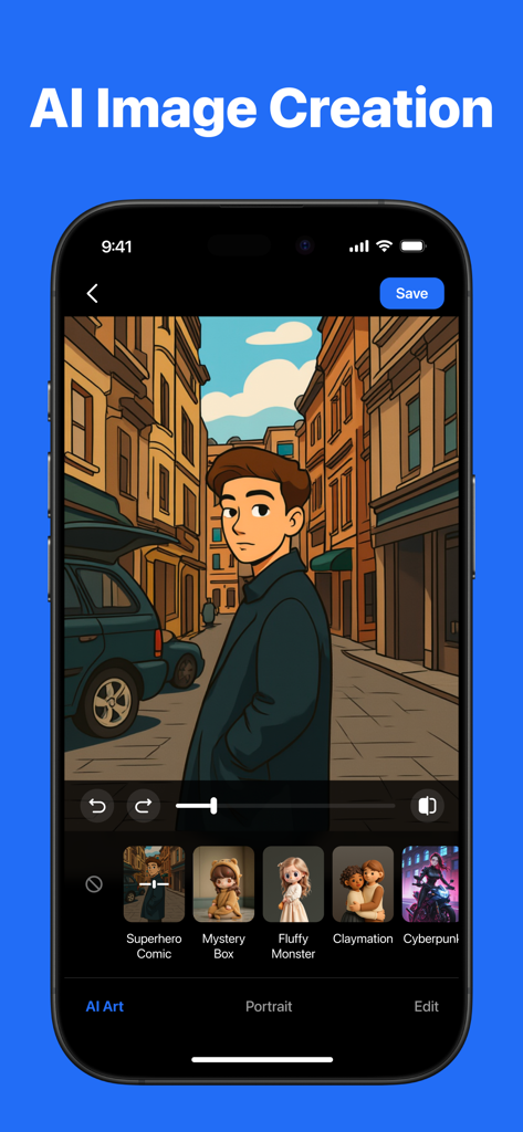 Interface de l'application mobile TeraBox montrant la fonction de création d'images IA avec un filtre de style bande dessinée appliqué à une photo