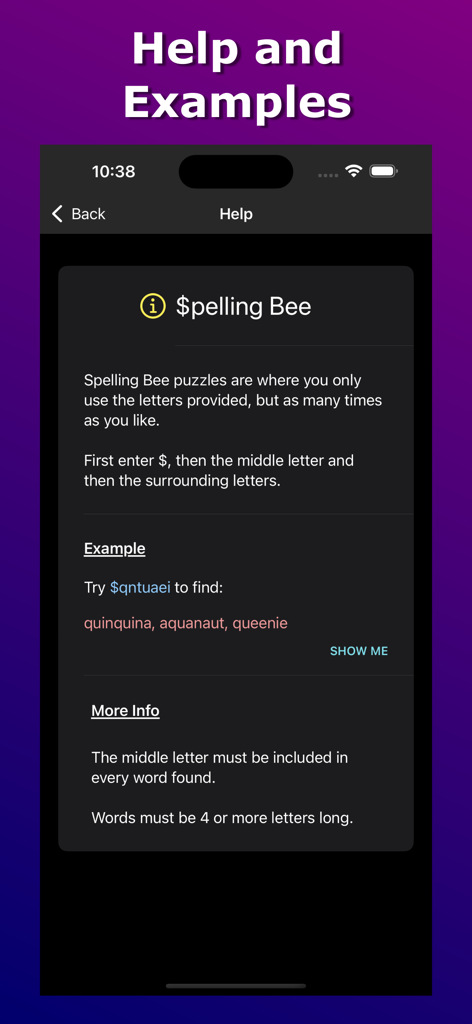 Anagram Solver - Crosswords - アナグラムソルバーアプリのSpelling Beeヘルプと例の画面。