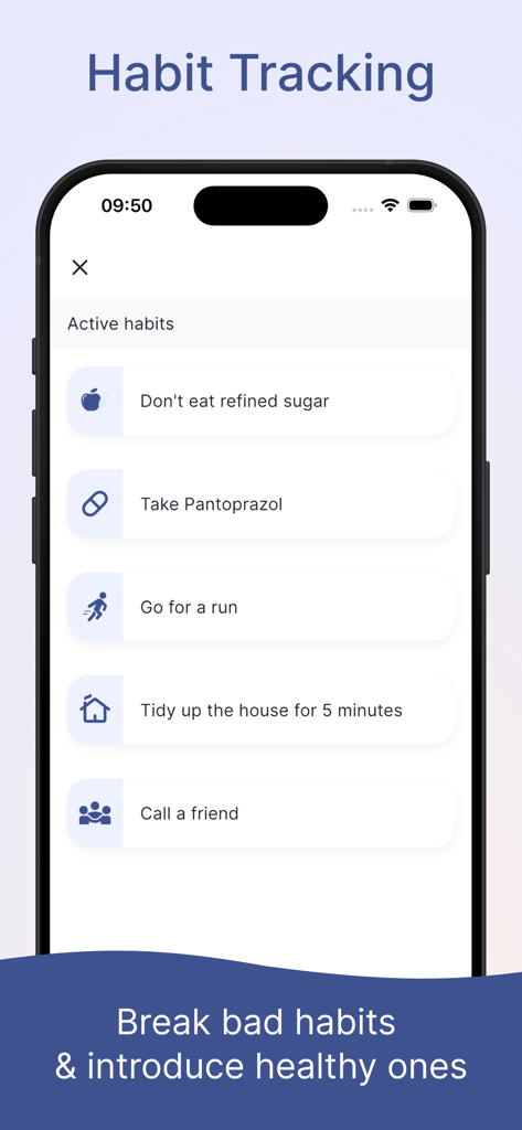 Me: Self Care App - Eine Benutzeroberfläche einer mobilen App zur Gewohnheitsverfolgung, die eine Liste aktiver gesunder Gewohnheiten und täglicher Ziele zeigt.