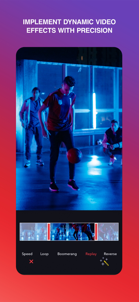 Hilights Video Editor Maker - A screenshot of Hilights Video Editor showing dynamic video effects like replay and loop being applied to a sports video.