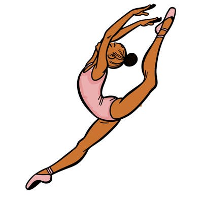 gymnast doing a leap in a leotard with a bent back leg