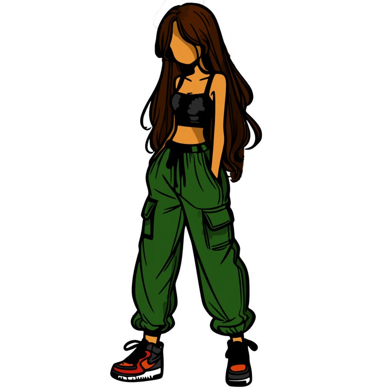girl in baggy pants crop top and long hair