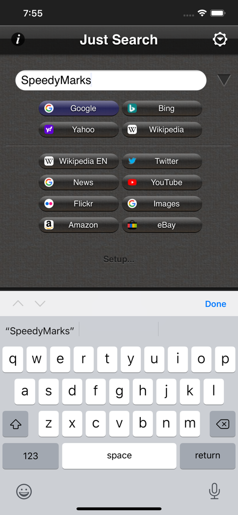 Main interface of Just Search app showing a search bar and multiple search engine shortcuts like Google Bing and Amazon