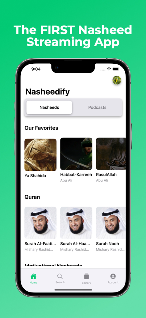 Nasheedify - 이슬람 나시드와 꾸란 암송을 특징으로 하는 Nasheedify 모바일 앱 홈 화면