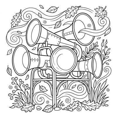 Embrace the unique charm of autumn with this captivating coloring page featuring majestic fog horns. Surrounded by swirling leaves and rustic fall elements, it offers a creative escape into the season's heart.