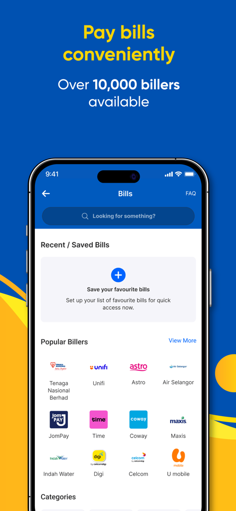 Touch n Go eWallet interface for paying utility and service bills in Malaysia from anywhere.