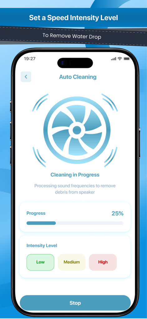 Speaker Cleaner | Water Eject - Interfaz de la aplicación para la limpieza automática de altavoces y la expulsión de agua que muestra el progreso y las opciones de intensidad.