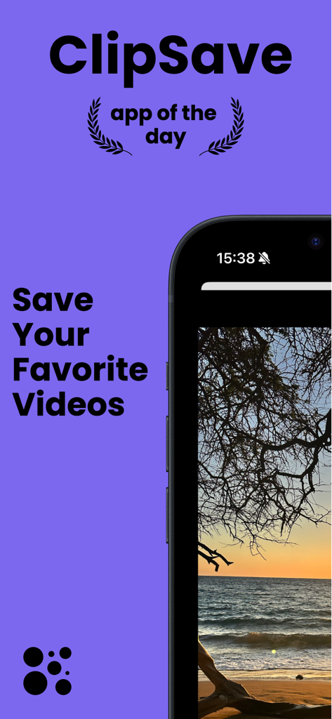 Captura de tela do aplicativo ClipSave apresentando o selo de aplicativo do dia e o texto salve seus vídeos favoritos