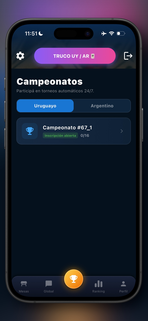 Truco: Argentino vs Uruguayo - Championships screen in the Truco Argentino vs Uruguayo app showing active tournament registration.
