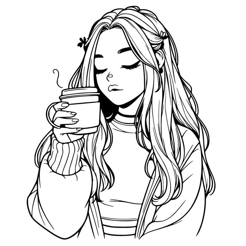 realistic astatic girl drinking coffee