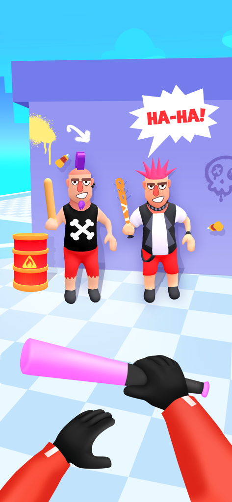 Vista en primera persona de la jugabilidad de Hit Master 3D con dos enemigos punk y un barril explosivo