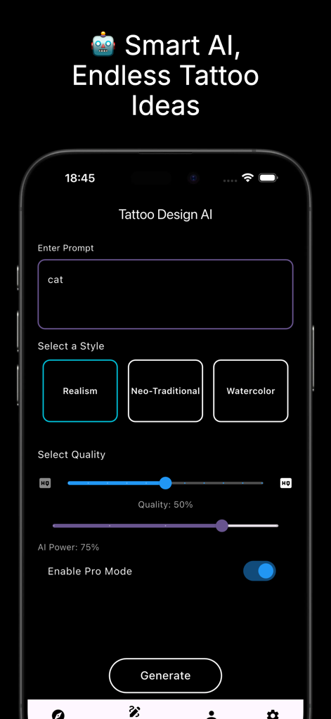 BlackInk : AI Tattoo Generator - Interface of the BlackInk AI Tattoo Generator app showing options to enter a prompt and select tattoo styles like realism or watercolor