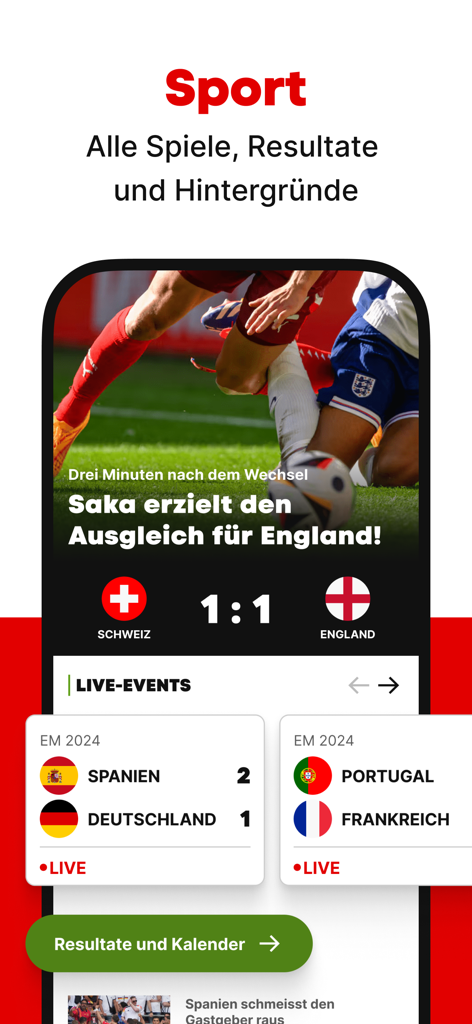 Interface desportiva do aplicativo Blick mostrando resultados de futebol ao vivo e placares de jogos