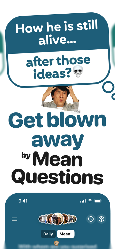 Screenshot der askUs-App mit einer Kategorie für "Gemeine Fragen"-Umfragen mit einem humorvollen Meme und einer Gruppenchat-Oberfläche