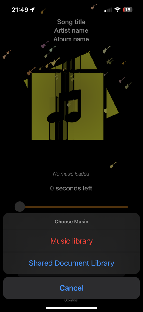 Music source selection menu in the Bluetooth Car Audio Music Play app showing options for Music Library and Shared Document Library