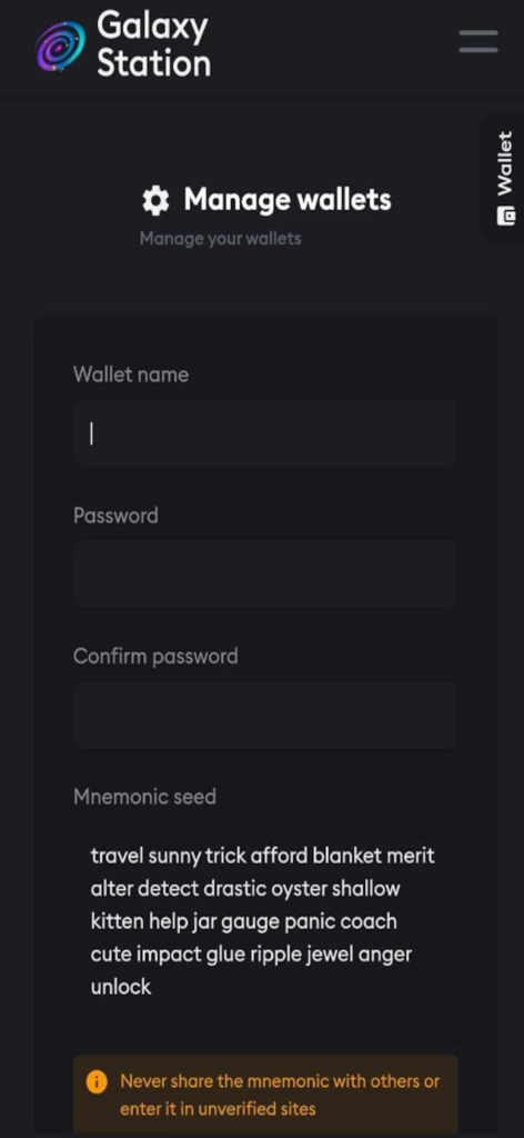 Galaxy Station App-Oberfläche zur Verwaltung von Wallets, die Mnemonic-Seed- und Passwortfelder anzeigt
