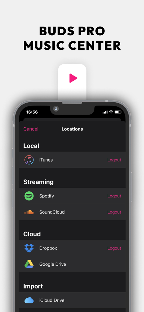 Interfaz del Centro de Música de Buds Pro que muestra fuentes de transmisión local y en la nube como iTunes Spotify y Dropbox