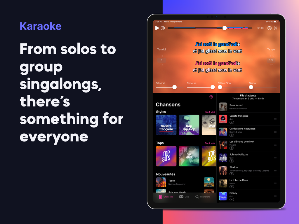 KaraFun Business - Interfaz de la aplicación profesional de karaoke KaraFun Business en iPad que muestra letras de canciones y funciones de gestión de música.