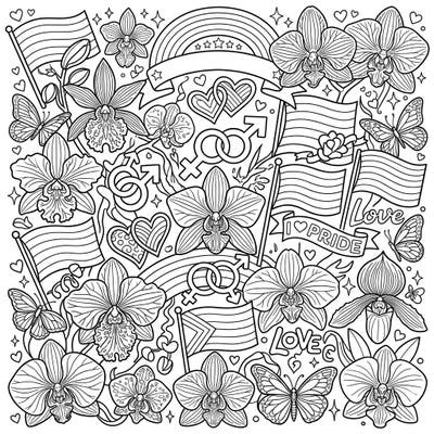 Immerse yourself in a beautiful blend of nature and celebration with this intricate full-scene coloring page. Featuring exotic orchids, graceful butterflies, and inspiring Pride symbols, it's perfect for expressing creativity and love.
