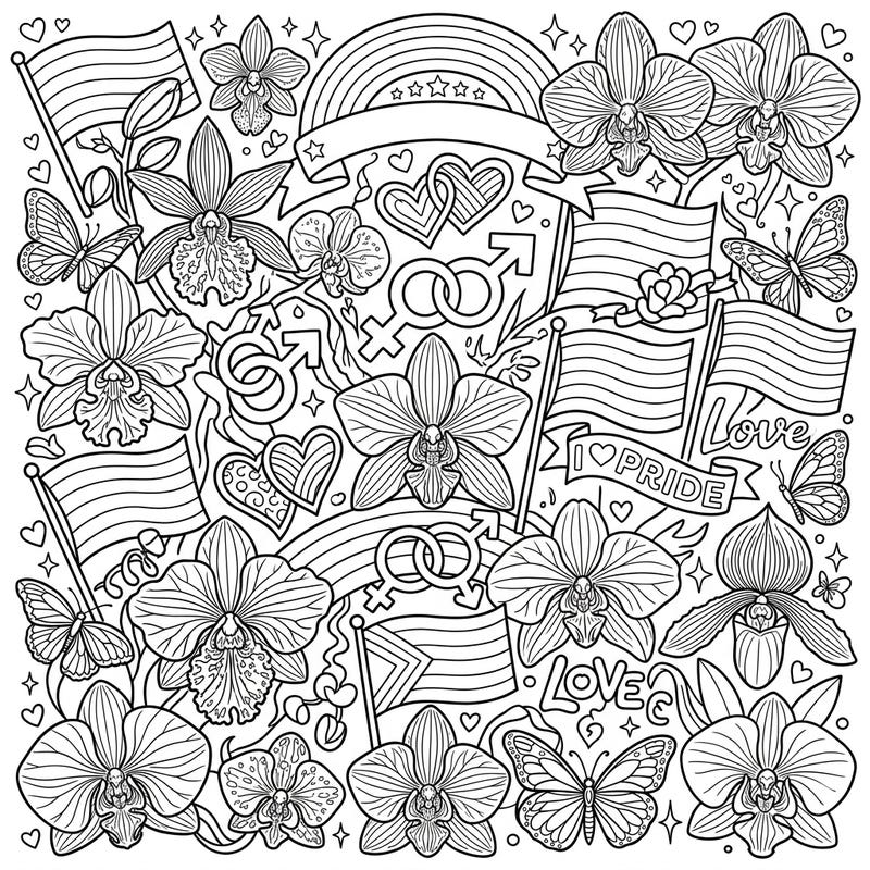 Immerse yourself in a beautiful blend of nature and celebration with this intricate full-scene coloring page. Featuring exotic orchids, graceful butterflies, and inspiring Pride symbols, it's perfect for expressing creativity and love.