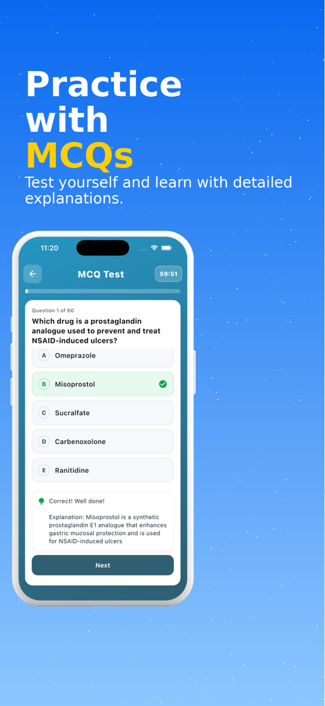 Flash Pharmacy - Flash Pharmacy app multiple choice question test interface with pharmacology explanation