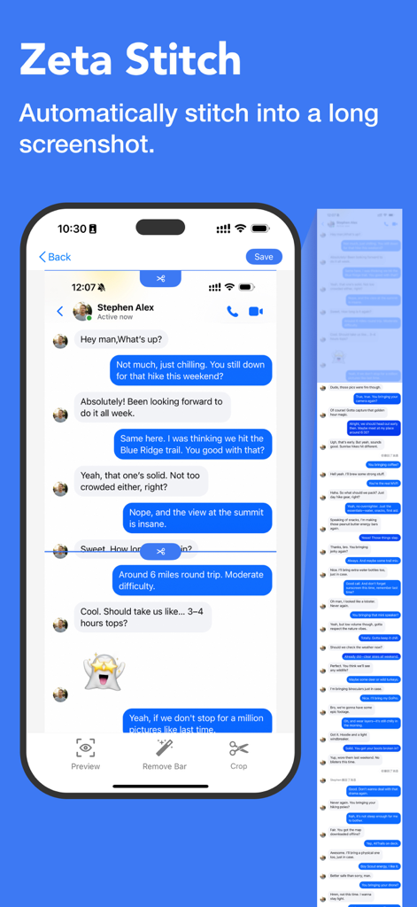 Zeta Stitch app interface showing a chat conversation being automatically stitched into one continuous long screenshot.