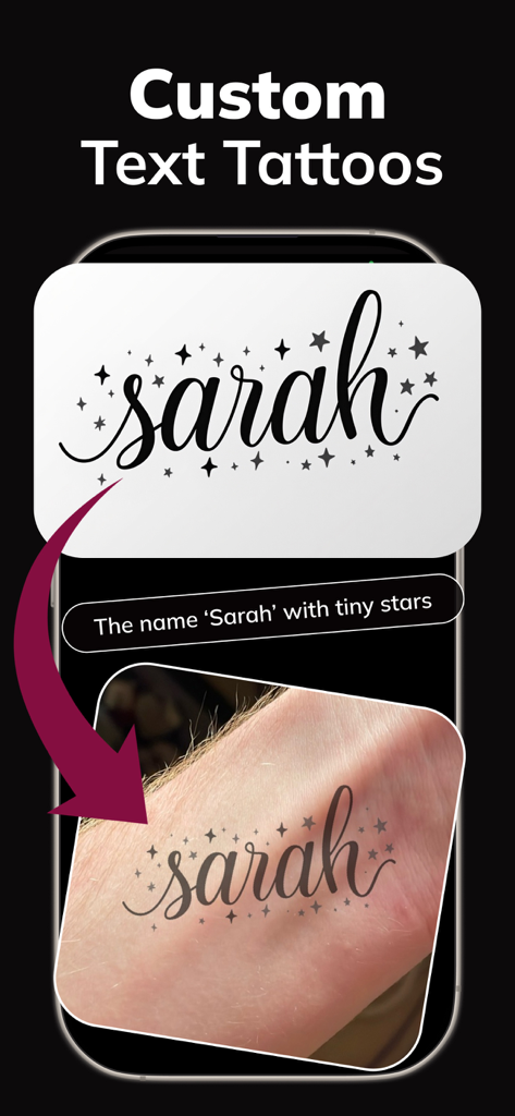 AI Tattoo Design Generator Ink - A custom text tattoo design of the name Sarah with stars being virtually tried on a hand using AI